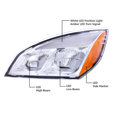 Chrome LED Headlight For 2018-2024 Freightliner Cascadia - Driver