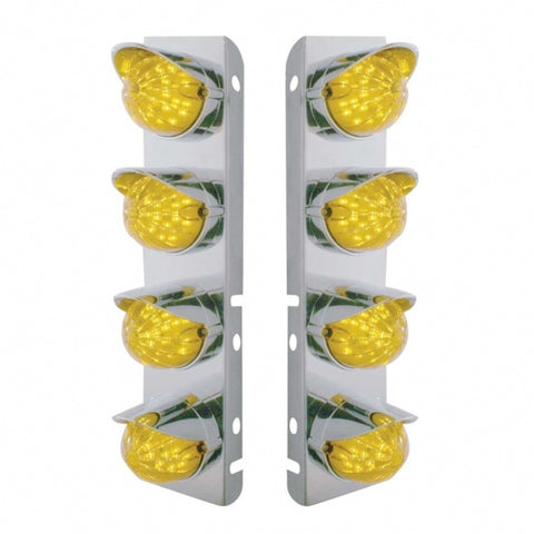SS Front Air Cleaner Bracket With 8X 19 LED Bullet Style Lights & Visors For Peterbilt-Amber LED & Lens