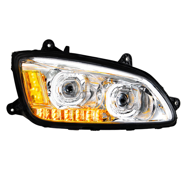 Chrome LED Headlight With LED Turn Signal &amp; LED Position Light Bar For 2008-2017 Kenworth T660 - Passenger