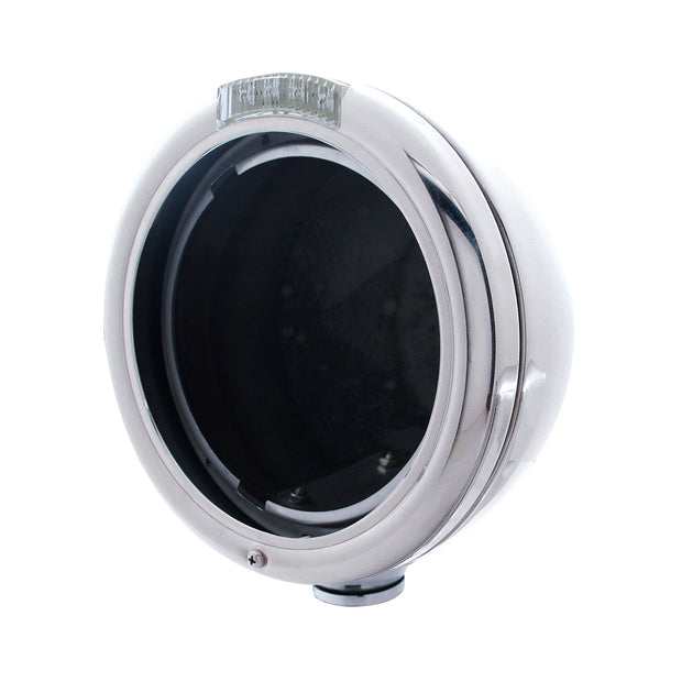 Stainless Steel Classic Headlight No Bulb With LED Turn Signal - Amber LED/Clear Lens