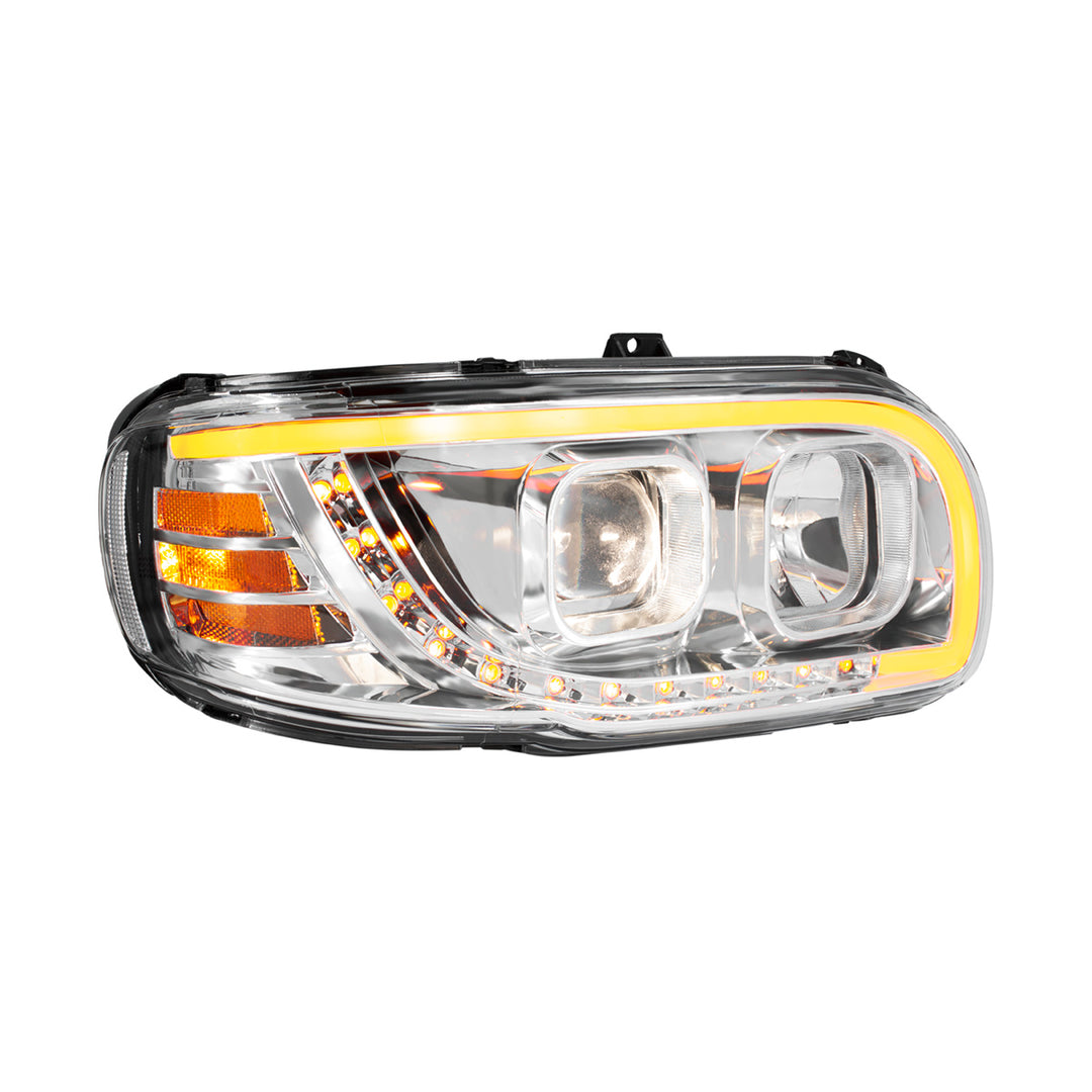 Chrome Projection Headlight With LED Turn Signal &amp; Light Bar For 2008-2024 Peterbilt 389-Passenger