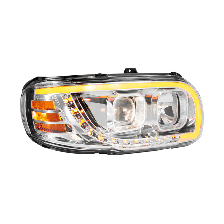Chrome Projection Headlight With LED Turn Signal &amp; Light Bar For 2008-2024 Peterbilt 389-Passenger