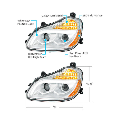 Chrome 8 LED Projection Headlight For 2013-2021 Kenworth T680-Driver