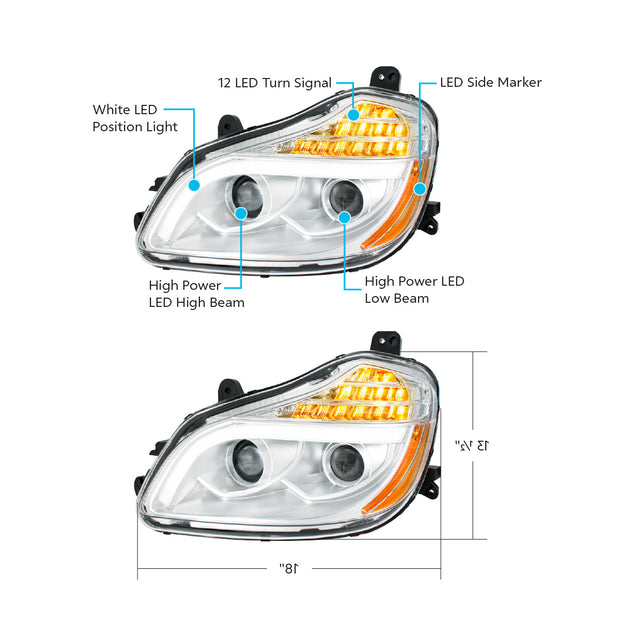 Chrome 8 LED Projection Headlight For 2013-2021 Kenworth T680-Driver