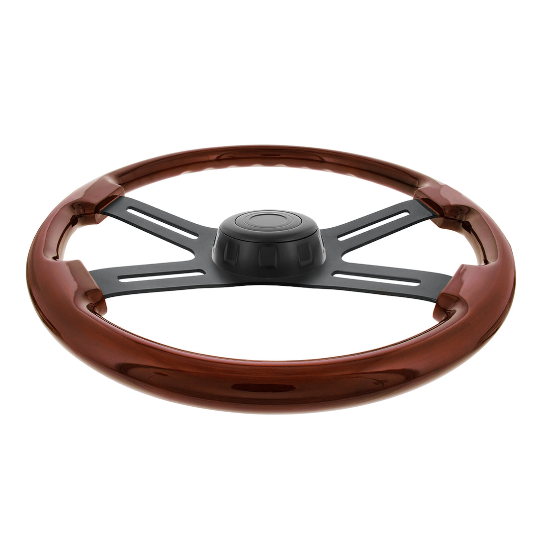 18" Matte Black 4 Spoke Steering Wheel With Horn Bezel &amp; Button-Wood Grain