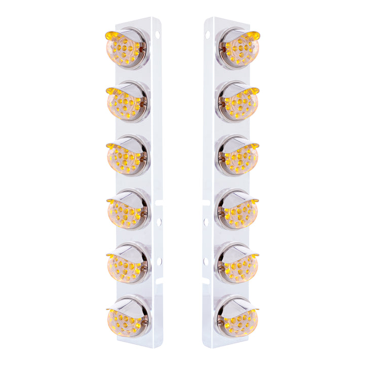 SS Front Air Cleaner Bracket With 12X 17 Amber LED Dual Function Reflector Lights &amp; SS Visors For Peterbilt-Clear Lens