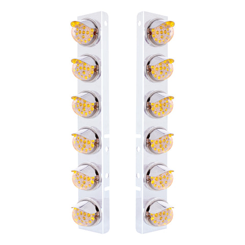 SS Front Air Cleaner Bracket With 12X 17 Amber LED Dual Function Reflector Lights & SS Visors For Peterbilt-Clear Lens