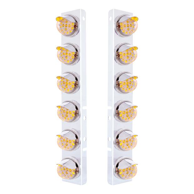SS Front Air Cleaner Bracket With 12X 17 Amber LED Dual Function Reflector Lights & SS Visors For Peterbilt-Clear Lens