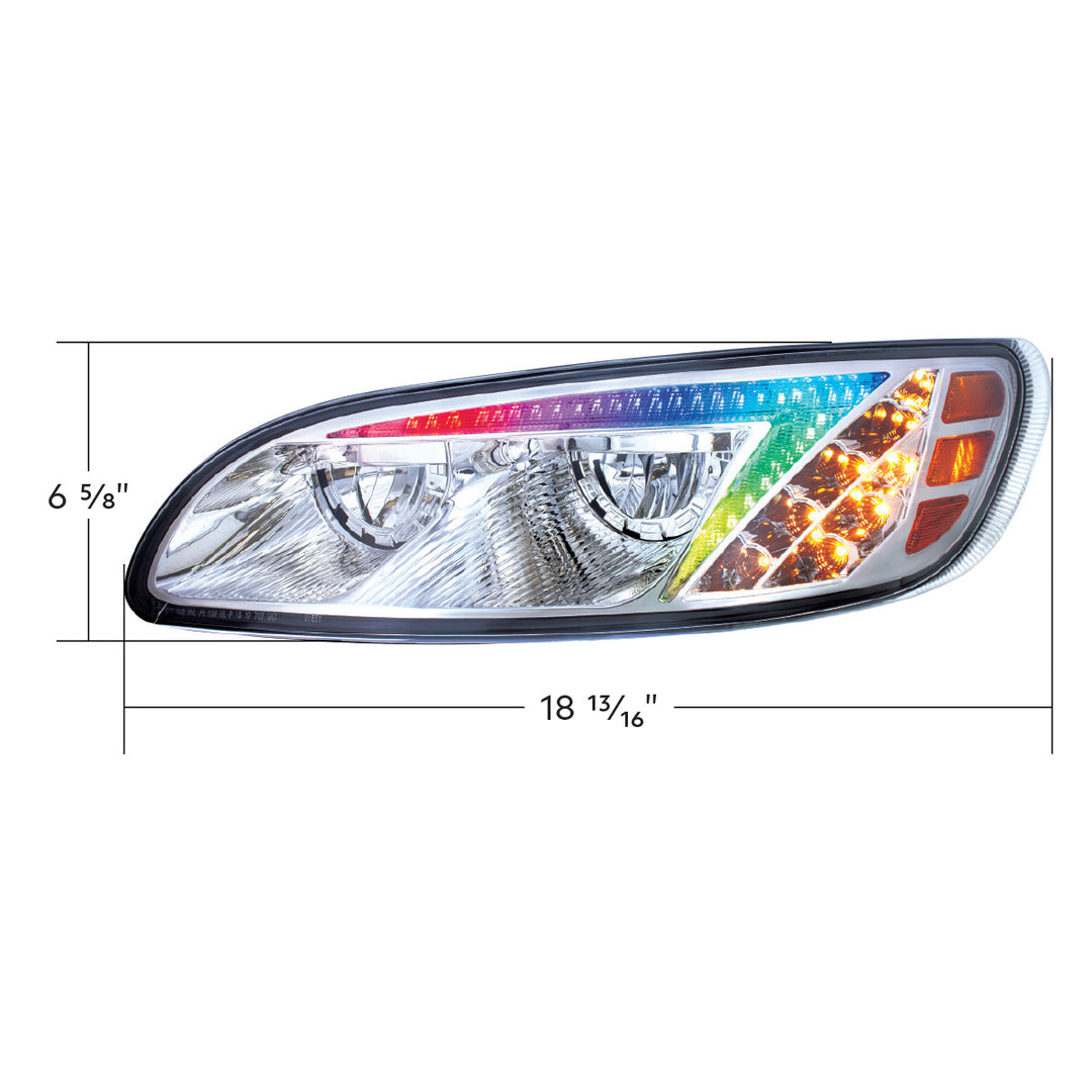 Chrome LED Headlight With Color Changing Position Light Bar For Peterbilt 386 (2005-2015) &amp; 387 (1999-2010) - Driver
