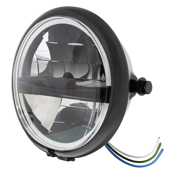 Black 5-3/4" Motorcycle Headlight 8 LED Blackout Bulb With Black Bar - Side Mount
