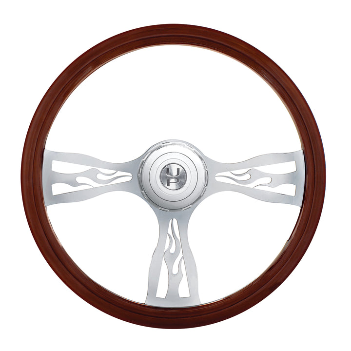 18" Flame Style Wood Steering Wheel With Hub &amp; Horn Button Kit For Peterbilt (2006+) &amp; Kenworth (2003+)