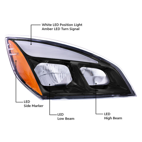 Black LED Headlight For 2018-2024 Freightliner Cascadia - Passenger