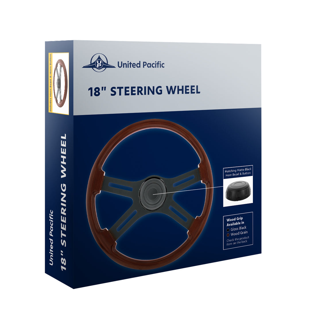 18" Matte Black 4 Spoke Steering Wheel With Horn Bezel &amp; Button-Wood Grain