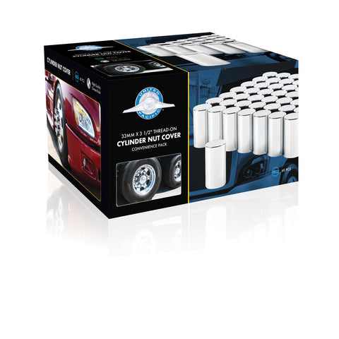 33mm x 3-1/2" Chrome Plastic Cylinder Nut Covers - Thread-On (Color Box of 60)