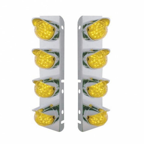 SS Front Air Cleaner Bracket With 8X 17 Amber LED Hi/Lo Watermelon Lights & SS Visors For Peterbilt -Amber Lens