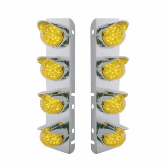SS Front Air Cleaner Bracket With 8X 17 Amber LED Hi/Lo Watermelon Lights & SS Visors For Peterbilt -Amber Lens