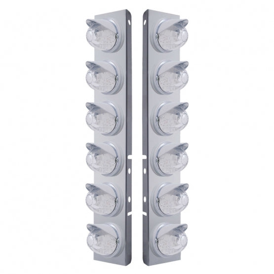 SS Front Air Cleaner Brkt With 12X 17 Amber LED Dual Function Watermelon Lights &amp; Visors For Peterbilt-Clear Lens