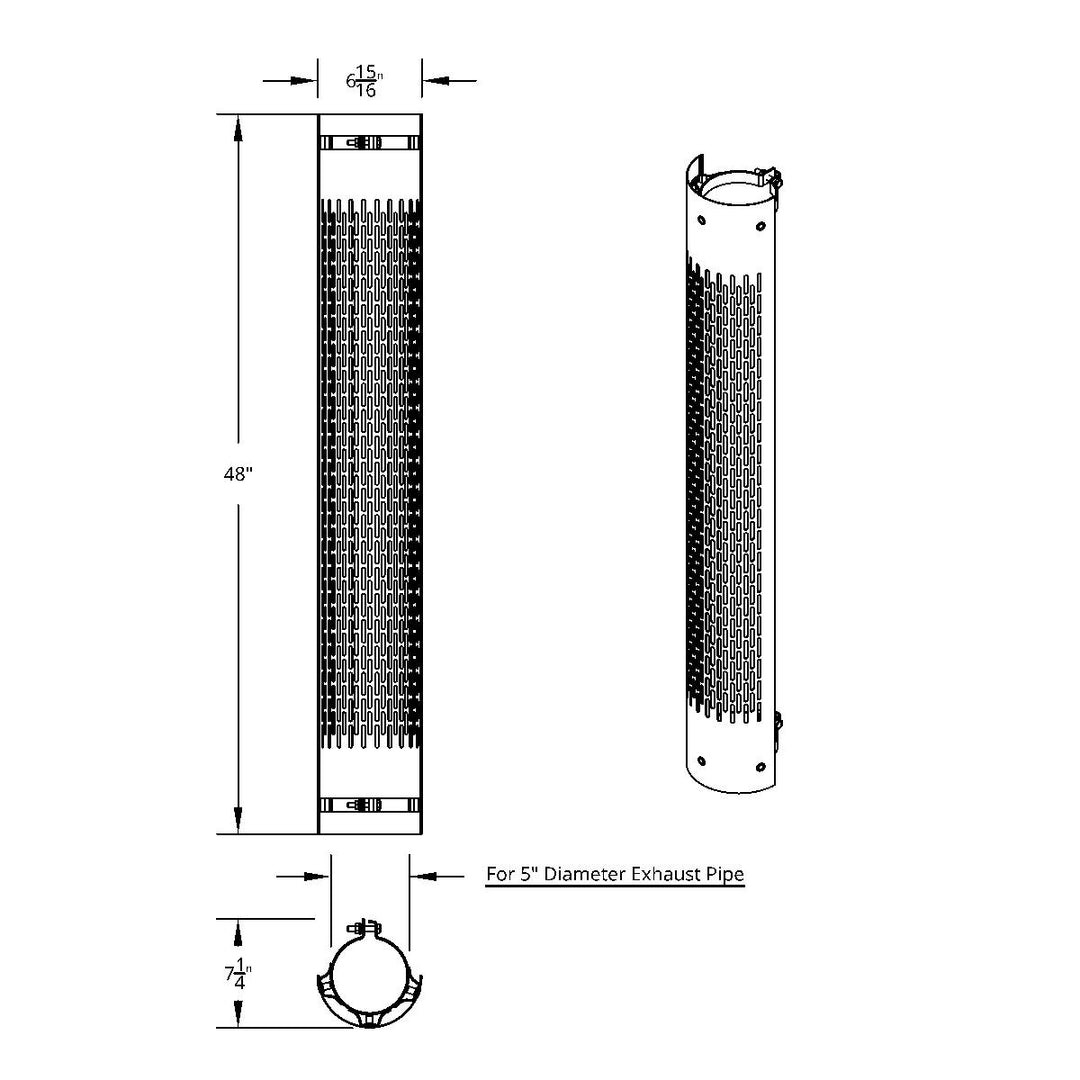 48" Tall 180 Degree Stainless Exhaust Muffler Shield For 5" Diameter Exhaust - Vertical Slot