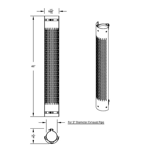 48" Tall 180 Degree Stainless Exhaust Muffler Shield For 5" Diameter Exhaust - Vertical Slot
