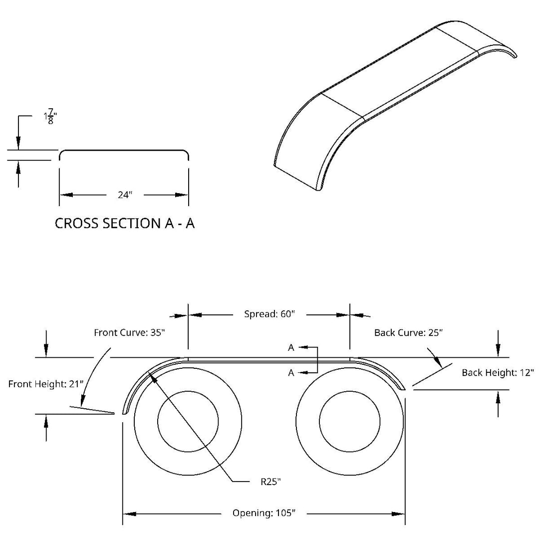 120" 430 Stainless Steel (16ga) Roll  Formed Edge Smooth Full Fender 60" Spread - SS Series (Pair)
