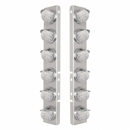 SS Front Air Cleaner Bracket With 12X 17 Amber LED Reflector Watermelon Lights & SS Visors For Peterbilt-Clear Lens