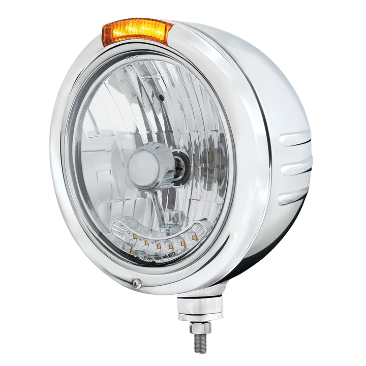 SS Classic Embossed Stripe Headlight H4 With 6 Amber LED &amp; Dual Mode LED Signal -Amber Lens