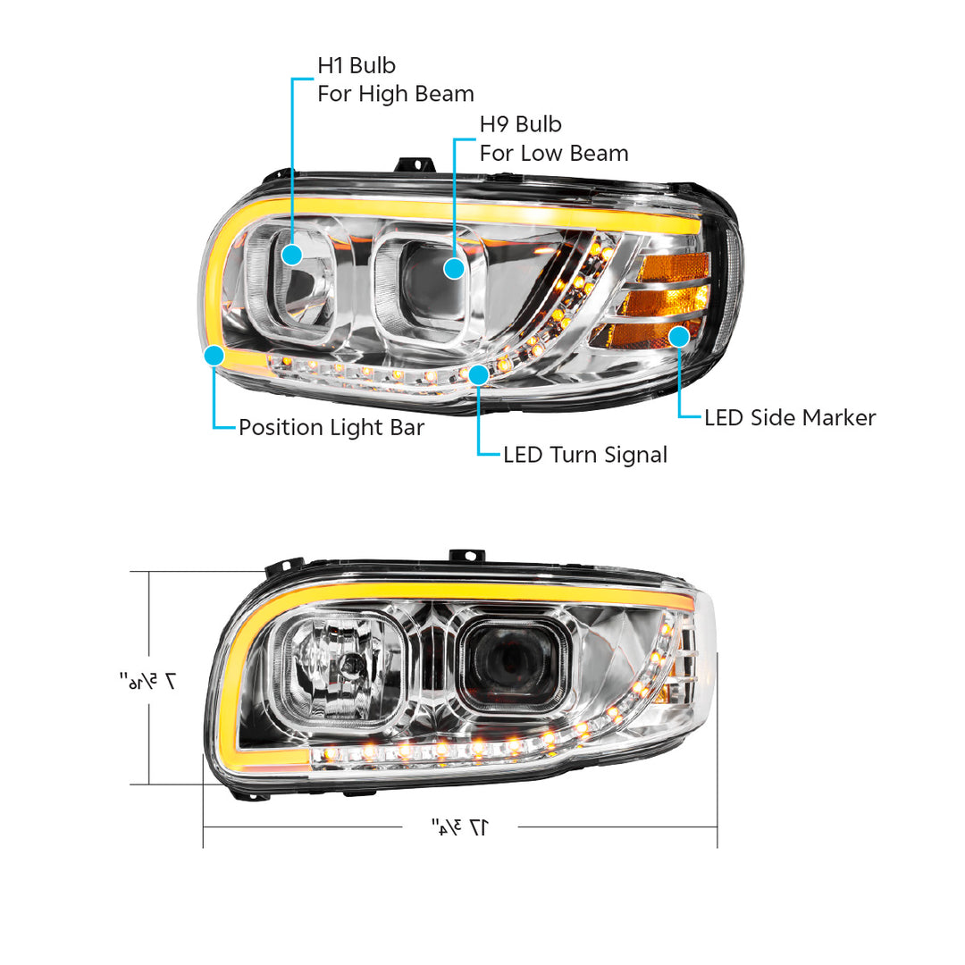 Chrome Projection Headlight With LED Turn Signal &amp; Light Bar For 2008-2024 Peterbilt 389-Driver