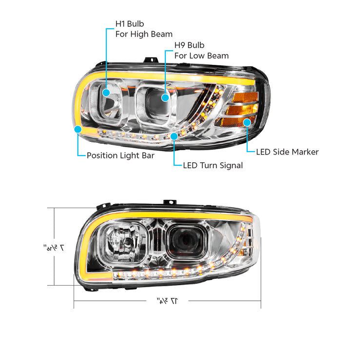 Chrome Projection Headlight With LED Turn Signal &amp; Light Bar For 2008-2024 Peterbilt 389-Driver