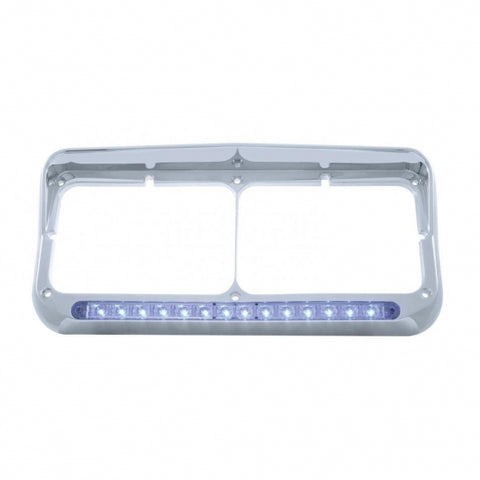 14 LED Chrome Rectangular Dual Headlight Bezel With Visor - Blue LED/Clear Lens
