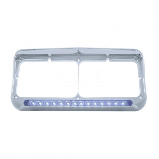 14 LED Chrome Rectangular Dual Headlight Bezel With Visor - Blue LED/Clear Lens