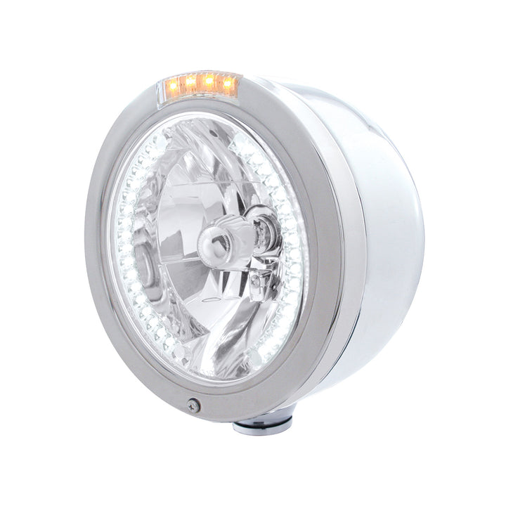 Stainless Steel Bullet Half Moon Headlight H4 With White LED &amp; Dual Mode LED Signal-Clear Lens
