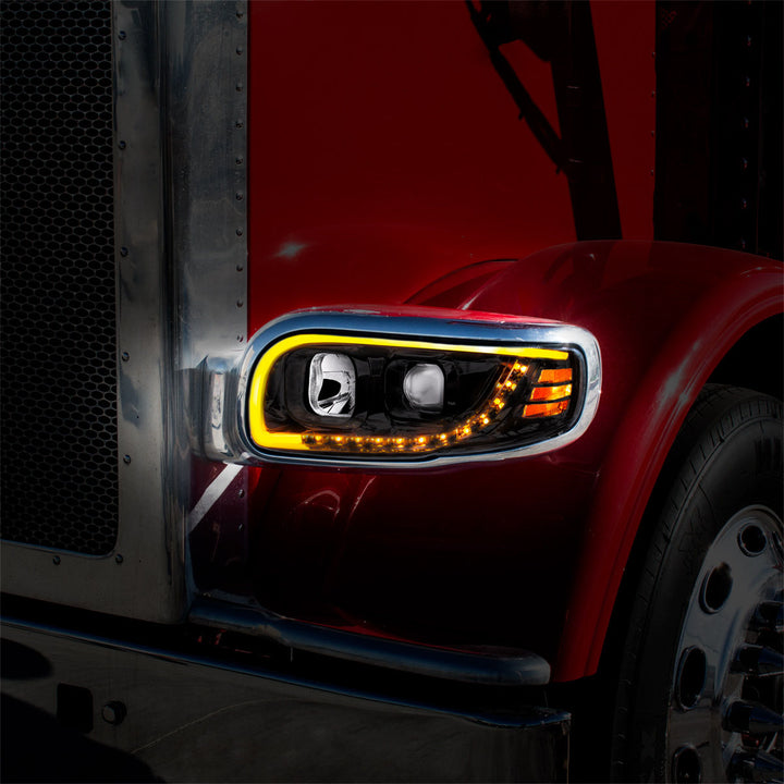 Blackout Projection Headlight With LED Turn Signal &amp; Light Bar For 2008-2024 Peterbilt 389-Driver