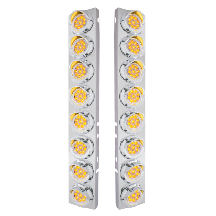 SS Front Air Cleaner Bracket With 16X 9 LED 2" Reflector Lights &amp; Visors For Peterbilt-Amber LED/Clear Lens