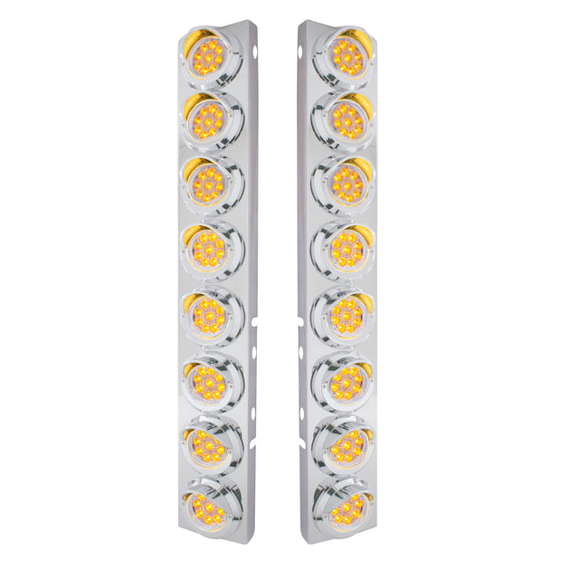 SS Front Air Cleaner Bracket With 16X 9 LED 2" Reflector Lights & Visors For Peterbilt-Amber LED/Clear Lens