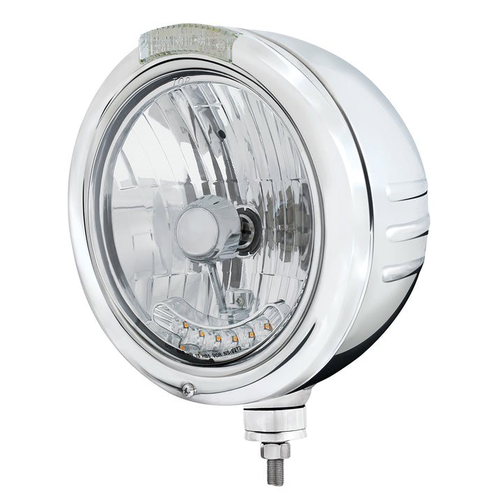 SS Classic Embossed Stripe Headlight Housing &amp; H4 With 6 Amber LED &amp; Dual Mode LED Signal -Clear Lens