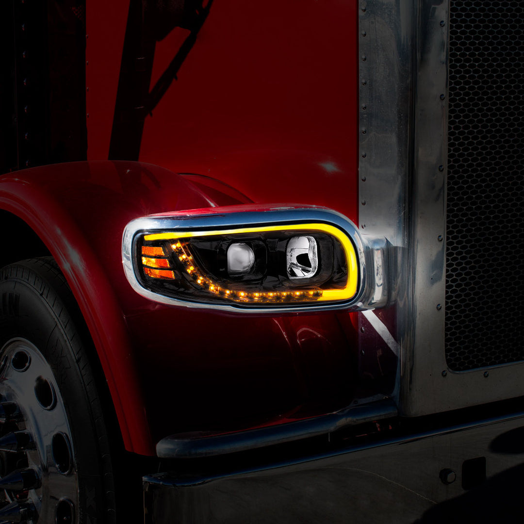 Blackout Projection Headlight With LED Turn Signal &amp; Light Bar For 2008-2024 Peterbilt 389-Passenger