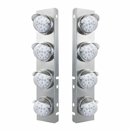 SS Front Air Cleaner Bracket With 8X 17 Amber LED Reflector Lights &amp; SS Visors For Peterbilt-Clear Lens