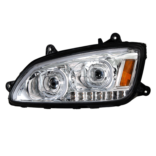 Chrome LED Headlight With LED Turn Signal & LED Position Light Bar For 2008-2017 Kenworth T660 - Driver
