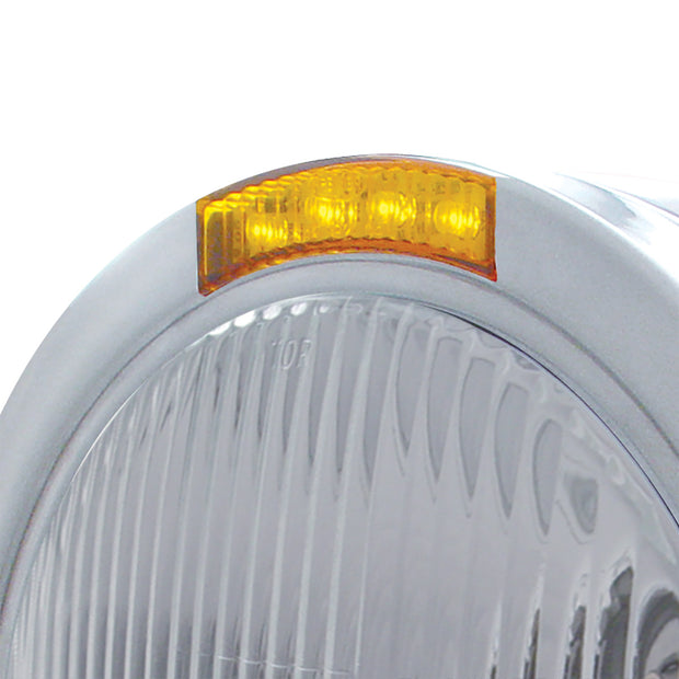 Stainless Steel Bullet Half Moon Headlight H4 Bulb & LED Turn Signal - Amber Lens