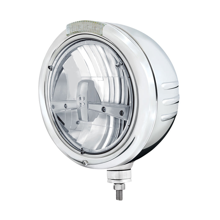 Stainless Steel Classic Embossed Stripe Headlight 5 LED Bulb &amp; Dual Mode LED Signal-Clear Lens