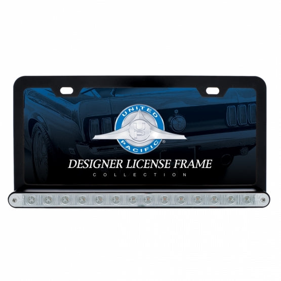 Black License Plate Frame With 14 LED 12" Light Bar - White LED/Clear Lens