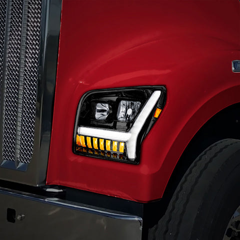 Blackout Headlight With LED DRL Light Bar & Turn Signal For 2018-2024 Kenworth W990-Driver