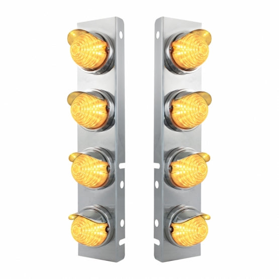 SS Front Air Cleaner Bracket With 8X 17 Amber LED Beehive Lights &amp; SS Visors For Peterbilt -Clear Lens