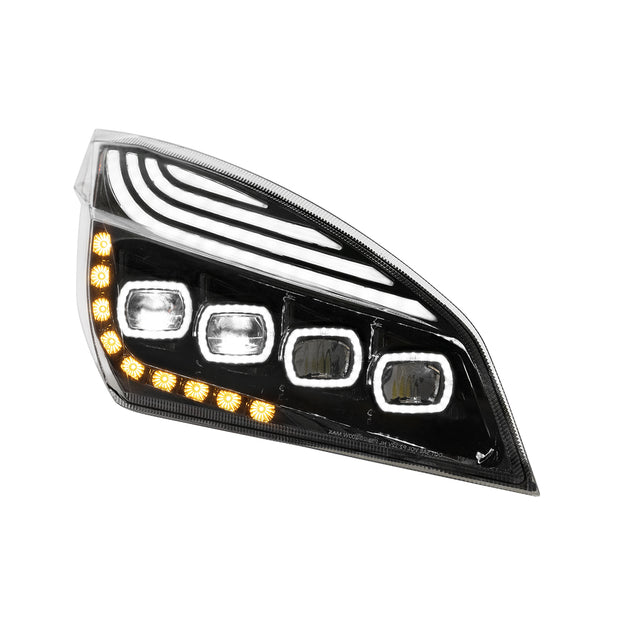Black Quad-LED Headlight With LED DRL & Seq. Signal For 2018-2024 Freightliner Cascadia - Passenger