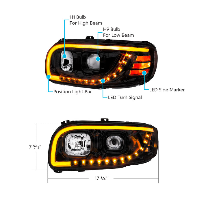 Blackout Projection Headlight With LED Turn Signal &amp; Light Bar For 2008-2024 Peterbilt 389-Passenger