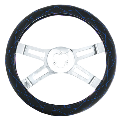 18" Crystal Stitched Leather Steering Wheel Cover - Blue Stitching
