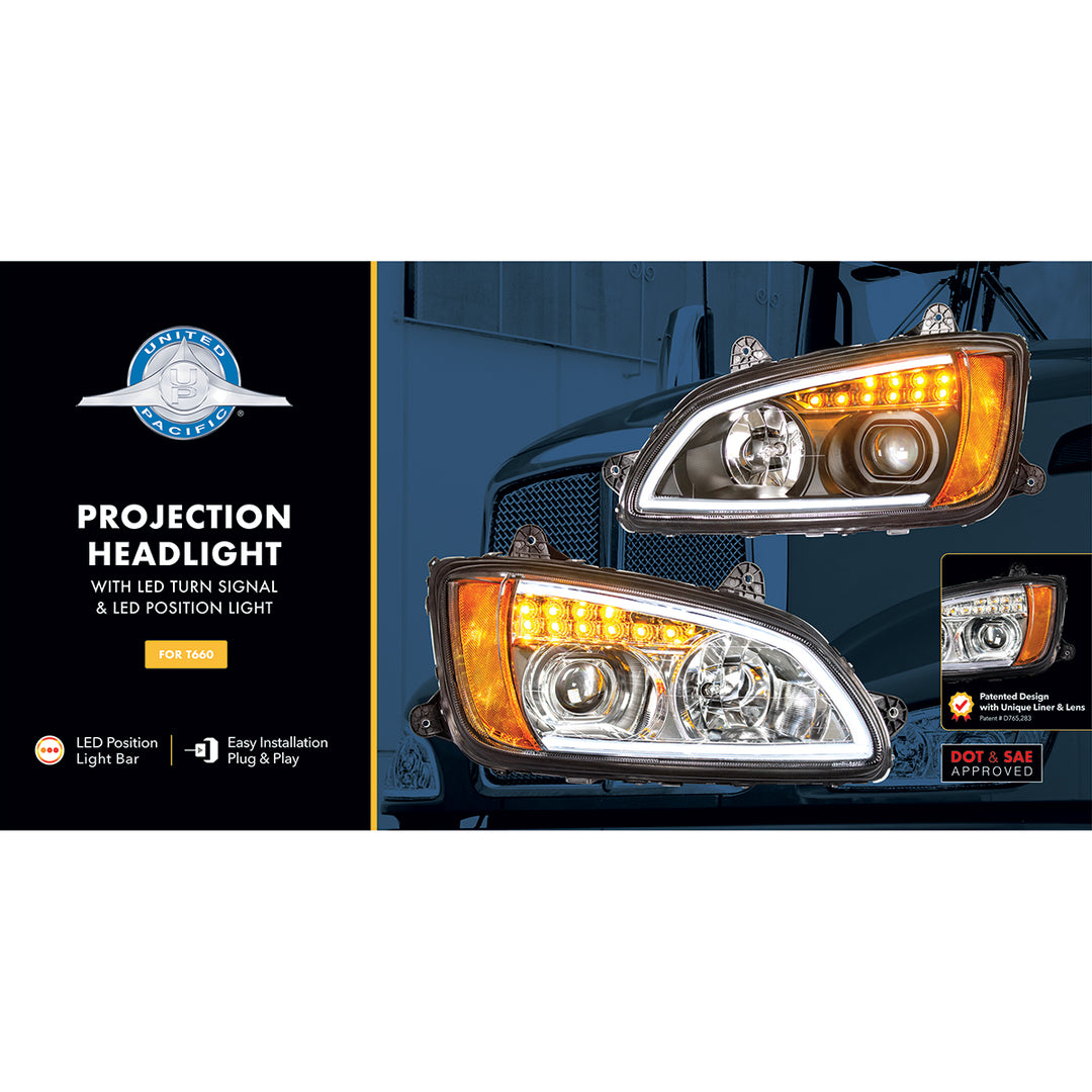 Blackout Projection Headlight With LED Turn Signal &amp; Position Light For 2008-2017 Kenworth T660 - Passenger
