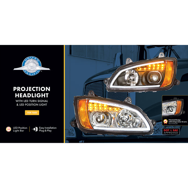 Blackout Projection Headlight With LED Turn Signal &amp; Position Light For 2008-2017 Kenworth T660 - Passenger