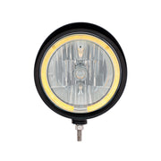 Black "Billet" Style Groove Headlight With Visor 9007 Bulb With Amber LED Halo Rim