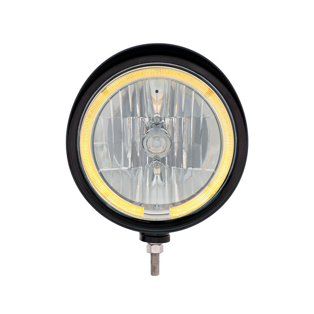 Black "Billet" Style Groove Headlight With Visor 9007 Bulb With Amber LED Halo Rim
